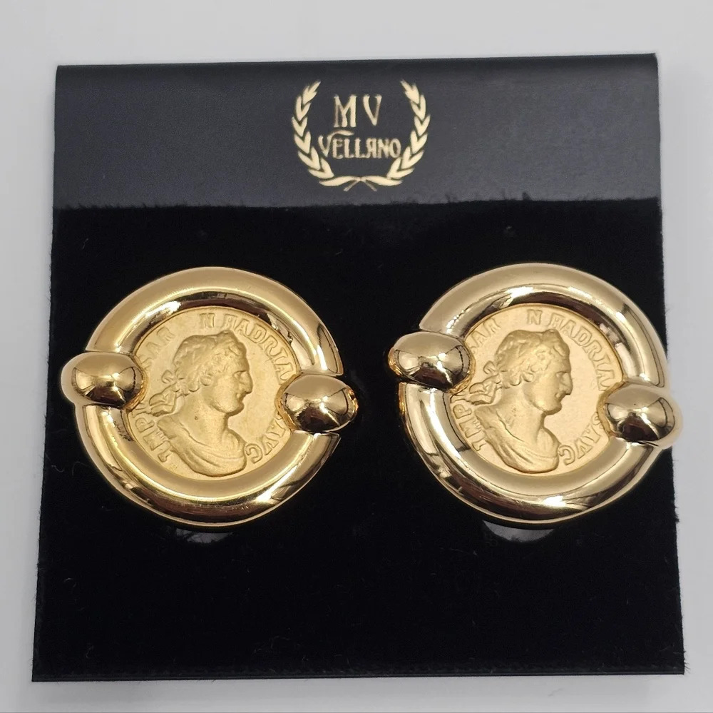 Vintage M. V. Vellano Collector's Design Gold Tone Coin Clip On Earrings NOS